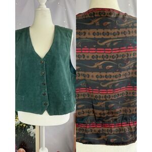 Vintage Arizona Suede Leather Vest Womens 1X Green Southwestern Aztec Western